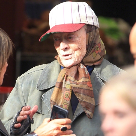 Maggie Smith as a homeless woman on 'The Lady in the Van' Film Set  